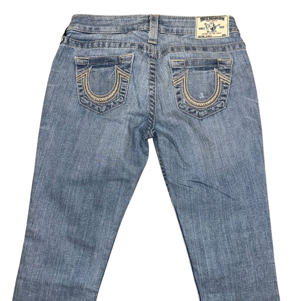 True Religion Womens Skinny Jeans 28 32 Light Wash Distressed Embroidered Blue - Picture 6 of 8